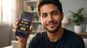 Homem jovem brasileiro segurando celular com a tela mostrando diamantes do Free Fire e sorrindo em uma sala com luz natural
