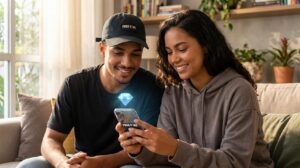 Um homem e uma mulher brasileiros olhando para um celular com o ícone do Free Fire e um diamante azul flutuando acima do aparelho, mostrando métodos seguros para ganhar diamantes