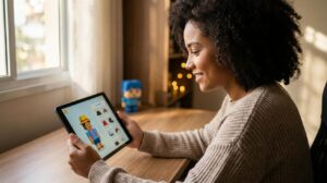 Mulher brasileira segurando um tablet que mostra um avatar estilo Roblox enquanto personaliza a skin no editor