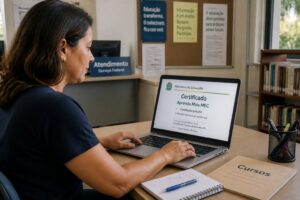 Brazilian woman studies on a laptop showing an Aprenda Mais MEC certificate on screen in a public service style setting