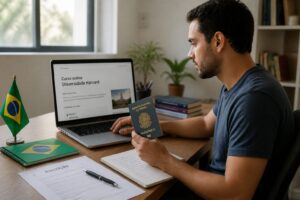 A Brazilian man studies on a laptop showing a Harvard online course page while holding a Brazilian passport at a home desk