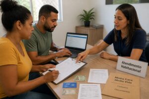 A Brazilian couple fills out Minha Casa Minha Vida registration forms with help from a housing service agent at a table with documents and a laptop.