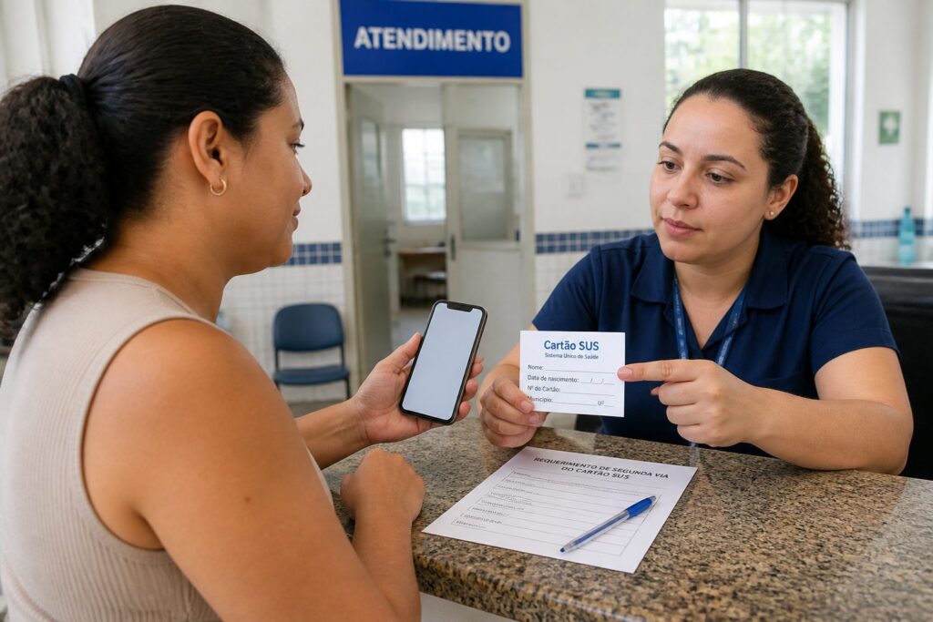 Brazilian woman at a public clinic reception holding a smartphone while a clerk hands her a Cartao SUS health card.