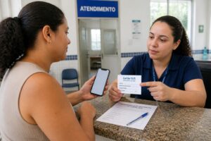 Brazilian woman at a public clinic reception holding a smartphone while a clerk hands her a Cartao SUS health card.