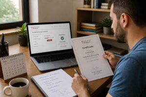 A Brazilian adult student at a desk holds a printed certificate while finishing a course on a laptop showing Escola Virtual Bradesco in Portuguese.