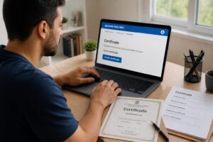 Brazilian woman using a laptop to issue an official course certificate while reviewing her resume on a desk