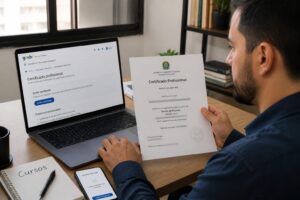 Brazilian adult using a laptop on the GOV BR portal while holding a printed professional certificate at a desk