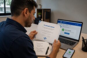 A Brazilian professional uses a laptop to complete a Sebrae course while holding a printed Sebrae certificate at a desk.