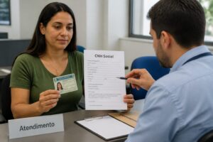 A Brazilian woman holds a driver license card while a clerk points to a CNH Social application form at a public service desk.