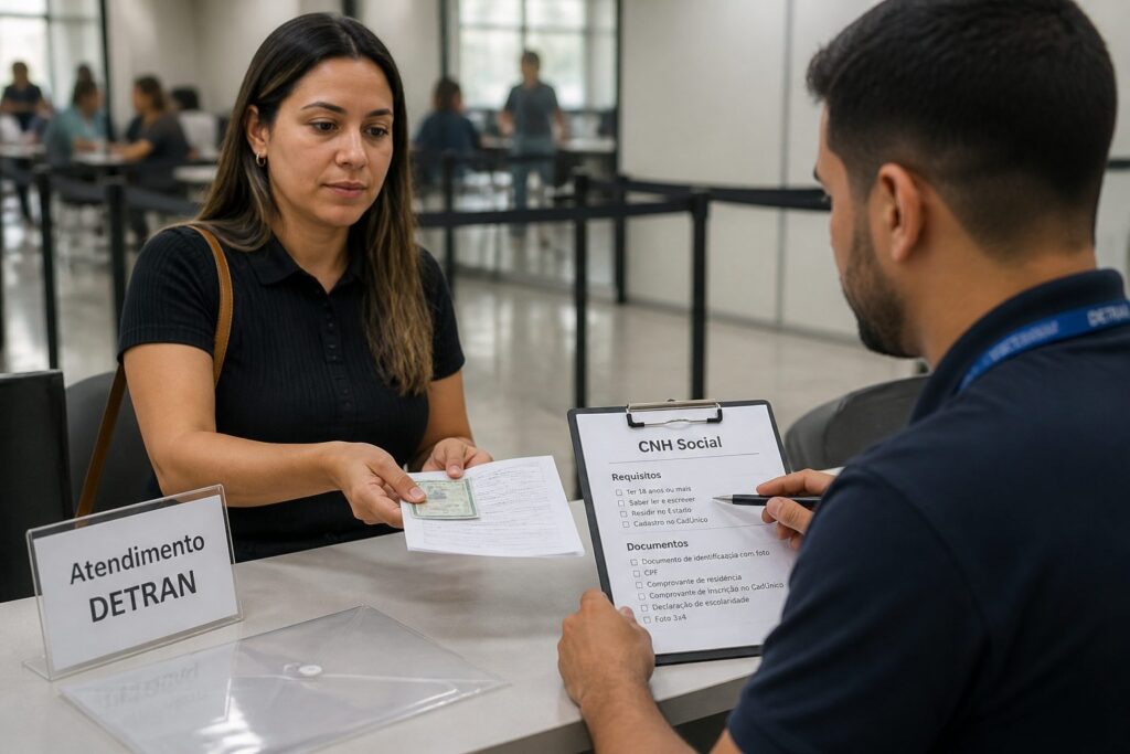 A Brazilian woman hands documents to a clerk at a DETRAN service counter while a CNH Social requirements checklist lies on the desk.