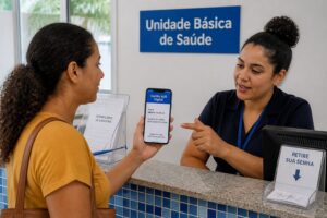 Woman shows a digital SUS card on her smartphone to a receptionist at a Brazilian health clinic counter