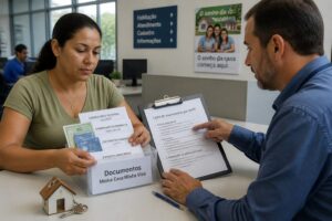 A Brazilian woman and a government clerk review a Minha Casa Minha Vida document checklist and personal documents at an office desk.