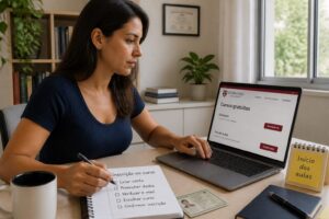Woman at a home office desk registering for free Harvard courses on a laptop while checking a printed enrollment checklist