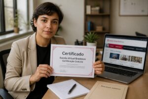 Brazilian professional holding a free course certificate from Escola Virtual Bradesco beside a laptop with an online learning page open