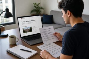 Brazilian student studying at home on a laptop showing a Harvard free online course page while holding a paper about avoiding scams