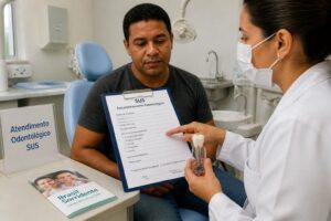 A dentist in a SUS clinic shows a patient a dental implant model and a Brasil Sorridente referral form on a clipboard.