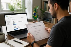 Brazilian professional studying on a laptop with a GOV BR course page and holding a completion certificate at a desk