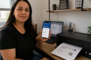 A Brazilian woman uses the Meu SUS Digital app on her phone while a home printer prints her SUS card document.