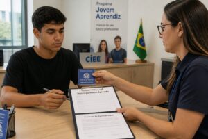 A young Brazilian adult meets a career advisor in an office while receiving a Brazilian work card and signing a Jovem Aprendiz enrollment form.