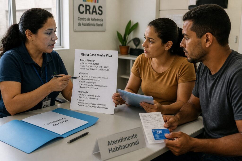 A Brazilian social worker explains Minha Casa Minha Vida eligibility criteria on a printed checklist to a couple holding income documents in a government office.