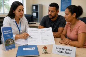 A government service agent explains the Minha Casa Minha Vida housing program to a Brazilian couple using printed eligibility documents at an office desk.
