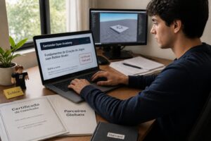 Young man studying on a laptop with a Santander Open Academy course page and a printed certificate on the desk, with a small Roblox figure nearby