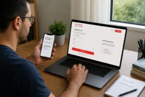 Brazilian man registering on Santander Open Academy on a laptop while holding a phone for verification, with a free certificate section visible on the screen.