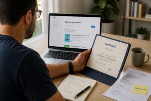 Brazilian professional using a laptop to enroll in free Sebrae courses while holding a certificate folder on a desk