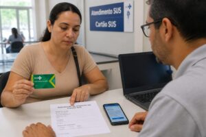 A Brazilian woman holds a SUS health card while a clerk helps her with a duplicate card request form and online access on a smartphone.