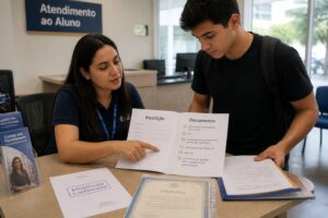 A woman at a Senac service desk helps a man complete enrollment documents while a diploma document is visible on the desk.