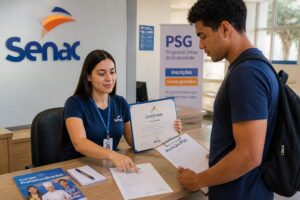 A woman at a Senac reception hands a certificate folder to a man applying for a free PSG vocational course.