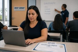 Brazilian woman taking a SEST SENAT professional course on a laptop while a printed digital certificate lies on the desk and an instructor stands in the classroom.
