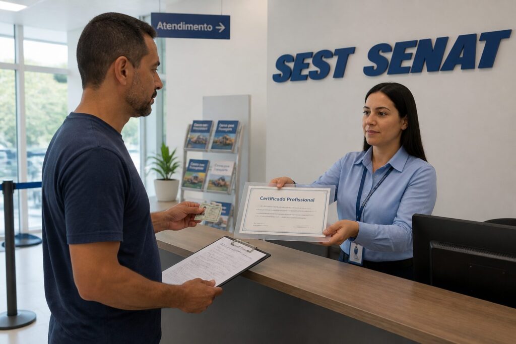 A Brazilian man receives a professional certificate at a SEST SENAT service desk while a receptionist checks his documents.