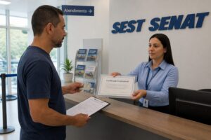 A Brazilian man receives a professional certificate at a SEST SENAT service desk while a receptionist checks his documents.