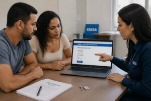 Brazilian couple and a bank employee using a laptop to simulate Minha Casa Minha Vida home financing on the Caixa housing simulator.