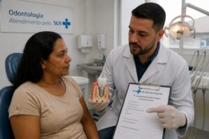 A dentist in a public clinic shows a dental implant model to a patient while pointing to a SUS Brasil Sorridente referral form.