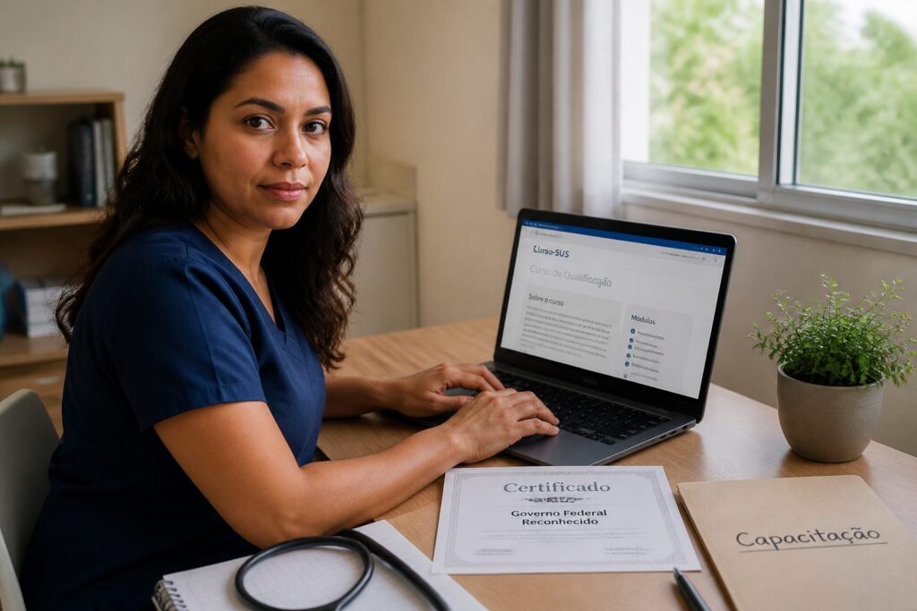 Brazilian woman studying on a laptop with a printed federal certificate on the desk for a free Una SUS professional qualification course