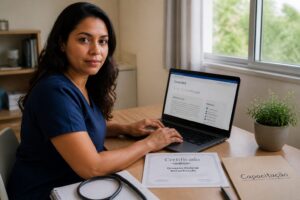 Brazilian woman studying on a laptop with a printed federal certificate on the desk for a free Una SUS professional qualification course