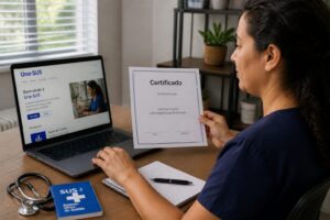 Brazilian professional enrolling in a free Una SUS online course on a laptop while holding a printed certificate at a desk.