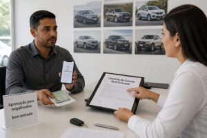 A Brazilian man with negative credit shows documents while a leasing consultant presents a car leasing contract with no down payment in an office.