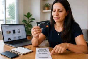 A Brazilian woman at a home office desk holds an Amazon Mastercard credit card and points to a note about cashback and no annual fee.