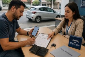 Brazilian man signs a car leasing contract with a female agent while a compact hatchback is visible outside the office window.