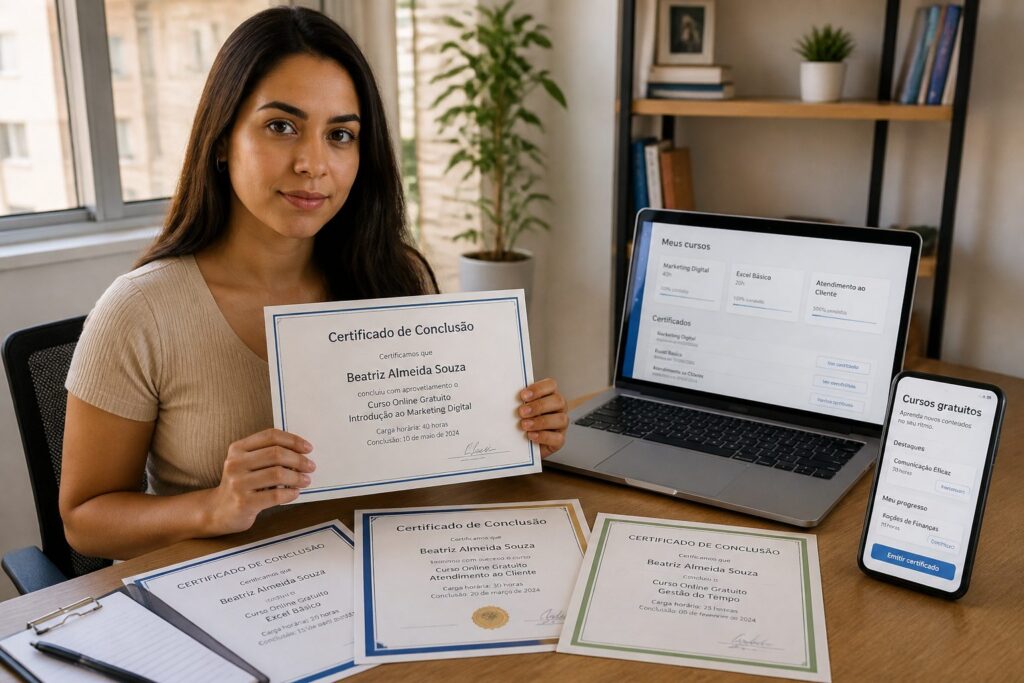 Brazilian woman at a home office holding printed course certificates while using a laptop with a free online course dashboard.