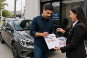 A man signs a car leasing contract while a woman hands him the keys next to a sporty hatchback outside a leasing office.