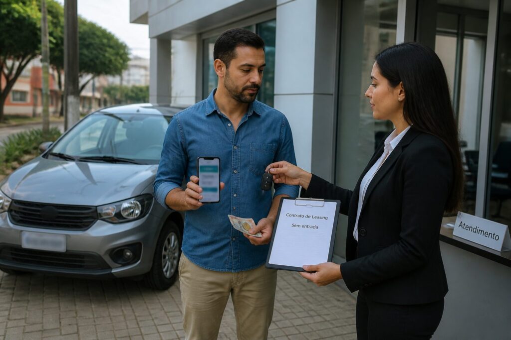 A Brazilian leasing consultant hands car keys and a leasing contract to a man beside a compact city car outside an office.