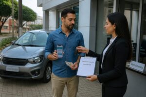 A Brazilian leasing consultant hands car keys and a leasing contract to a man beside a compact city car outside an office.