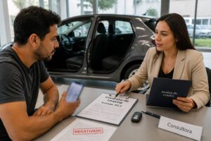 A man and a female car sales consultant review a leasing contract with a zero down payment while a compact hatchback is visible in the dealership.
