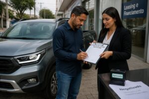 A Brazilian man signs a leasing contract with a female finance agent beside a modern compact pickup truck on a Brazilian street.