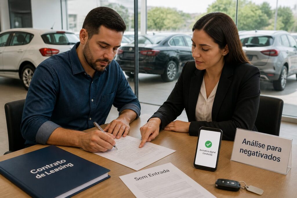 A Brazilian man signs a car leasing contract while a female consultant explains the terms in an office with several cars in the background.