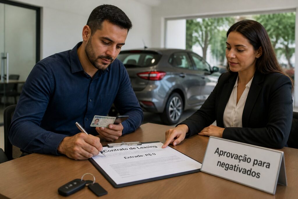 A man signs a car leasing contract with a consultant while a compact hatchback sits in the showroom behind them.
